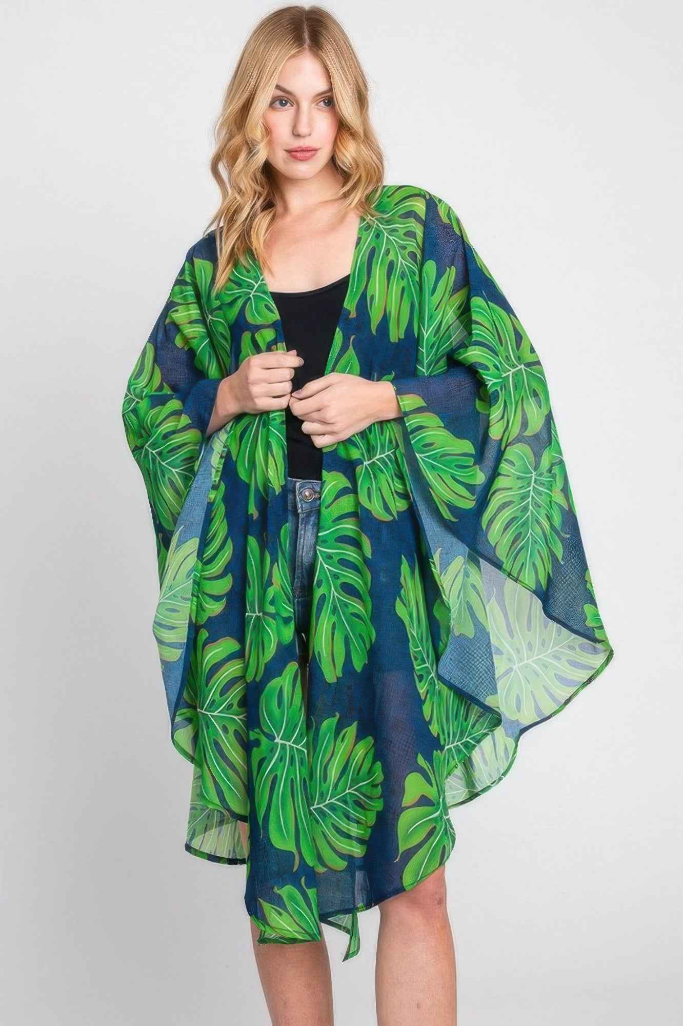 Tropical Leaves Print Shawl Cover-up