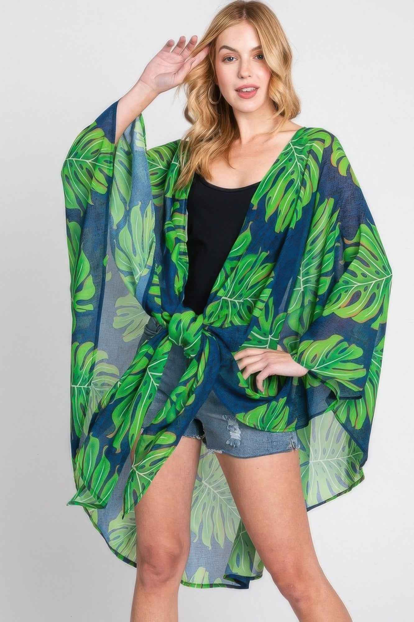 Tropical Leaves Print Shawl Cover-up