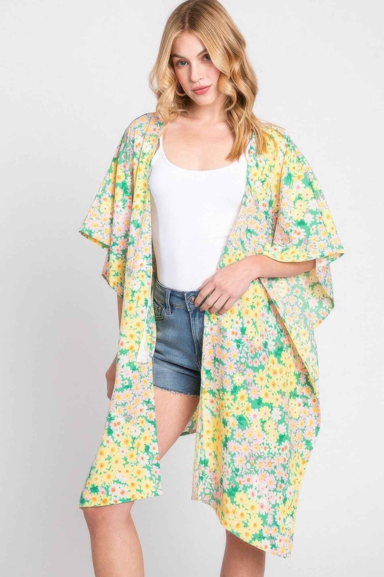 Flower Print Self-tie Drawstring Open Front Cover