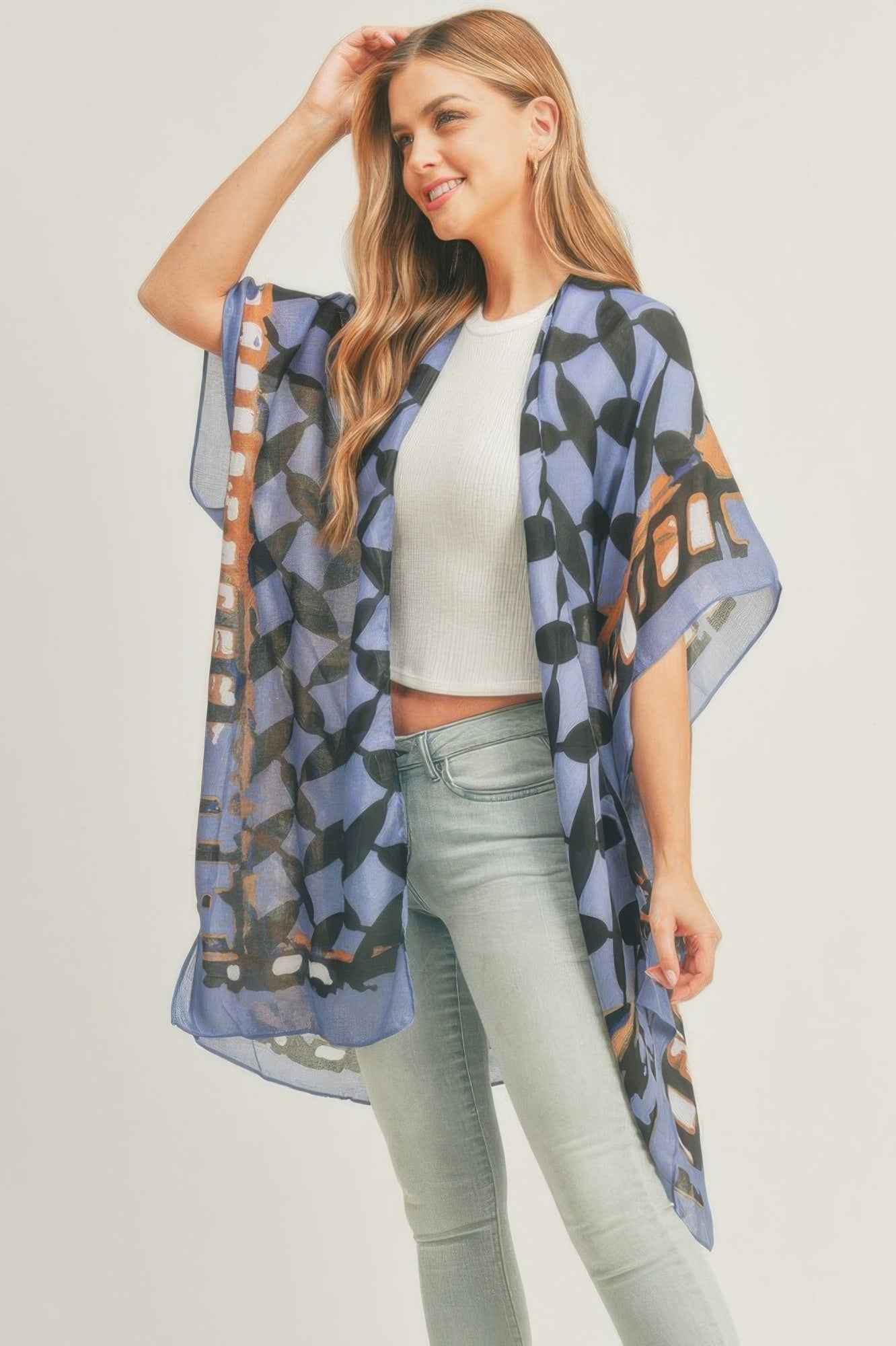 Ombree Front And Geometric Back Print Kimono
