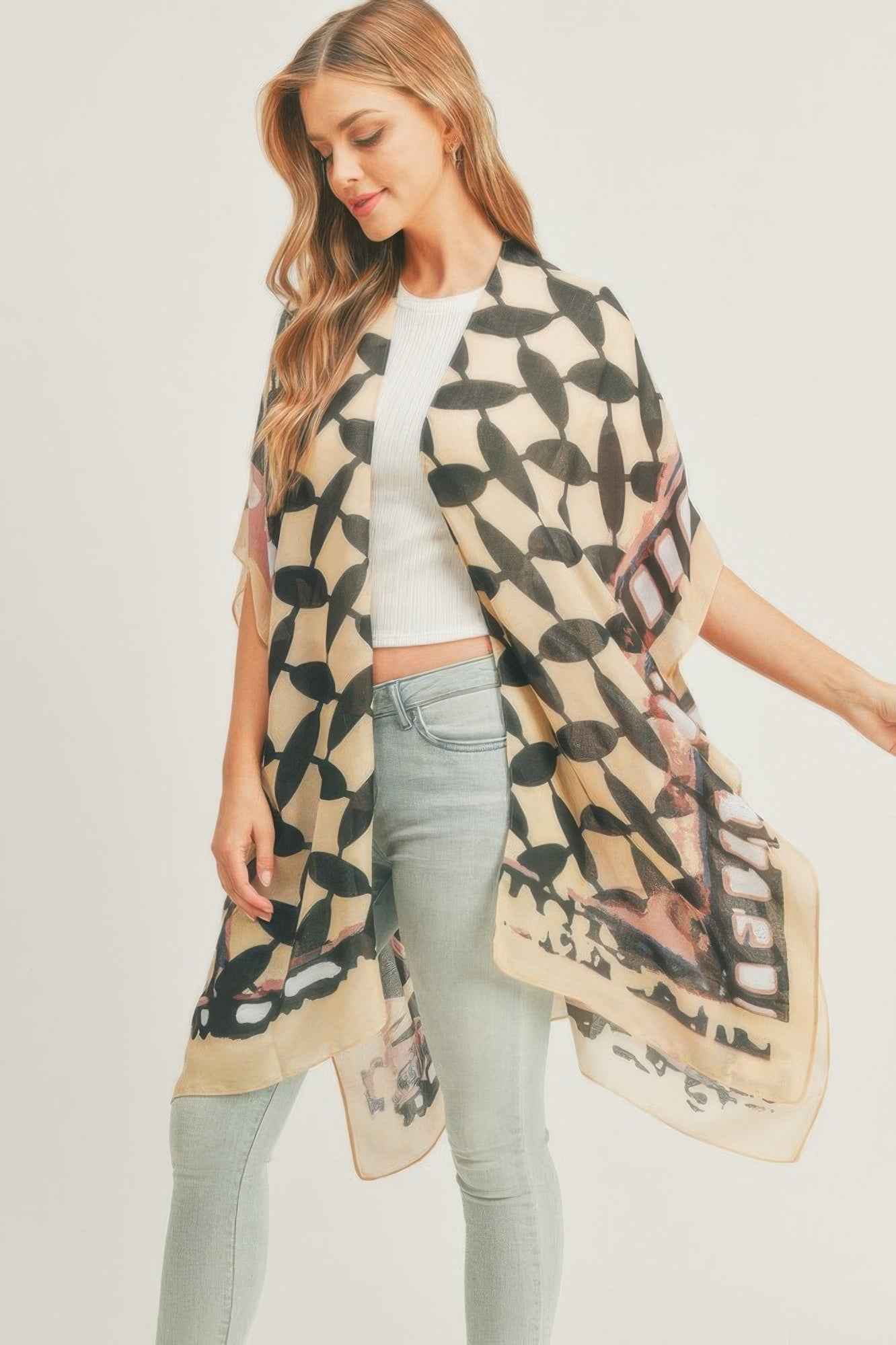 Ombree Front And Geometric Back Print Kimono