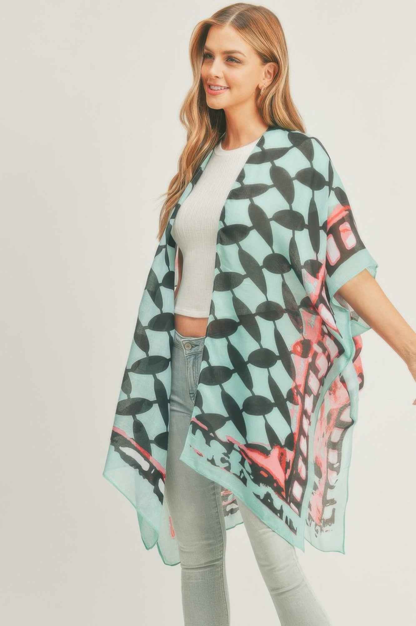 Ombree Front And Geometric Back Print Kimono