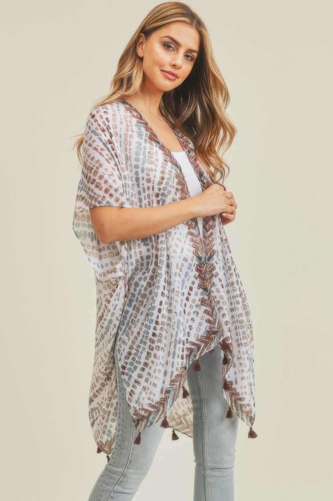 Multi Dash Pattern Tassel Kimono
