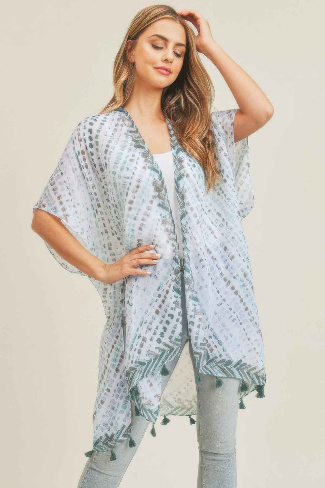 Multi Dash Pattern Tassel Kimono