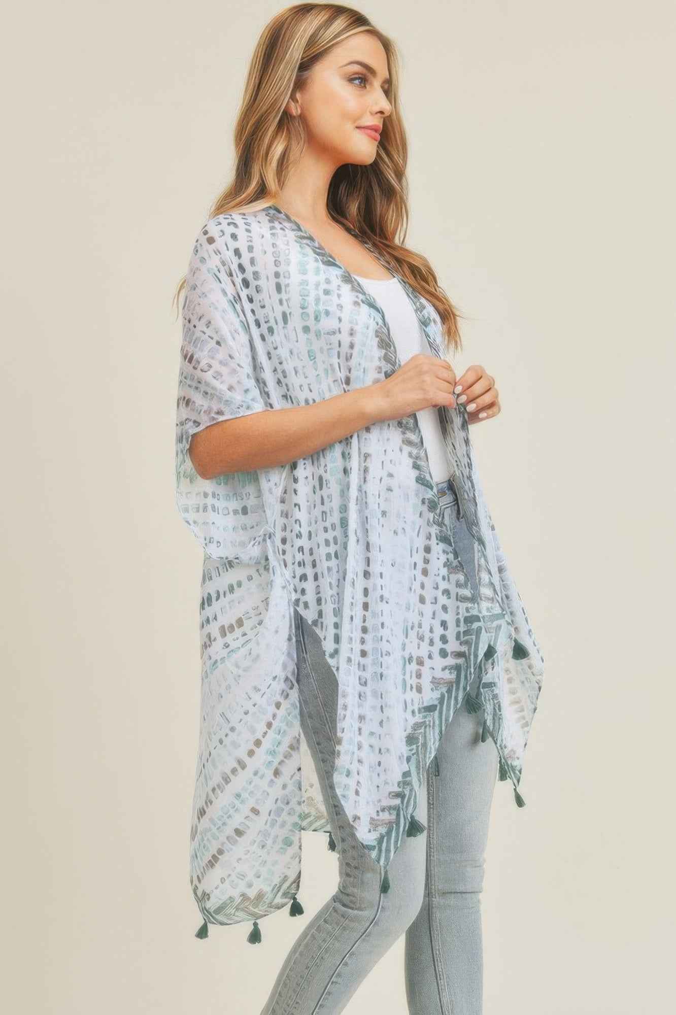 Multi Dash Pattern Tassel Kimono