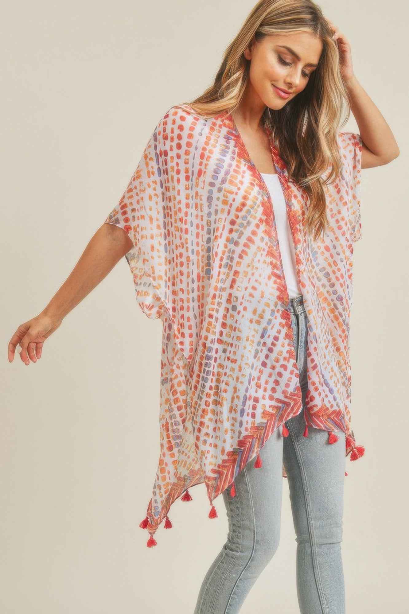 Multi Dash Pattern Tassel Kimono