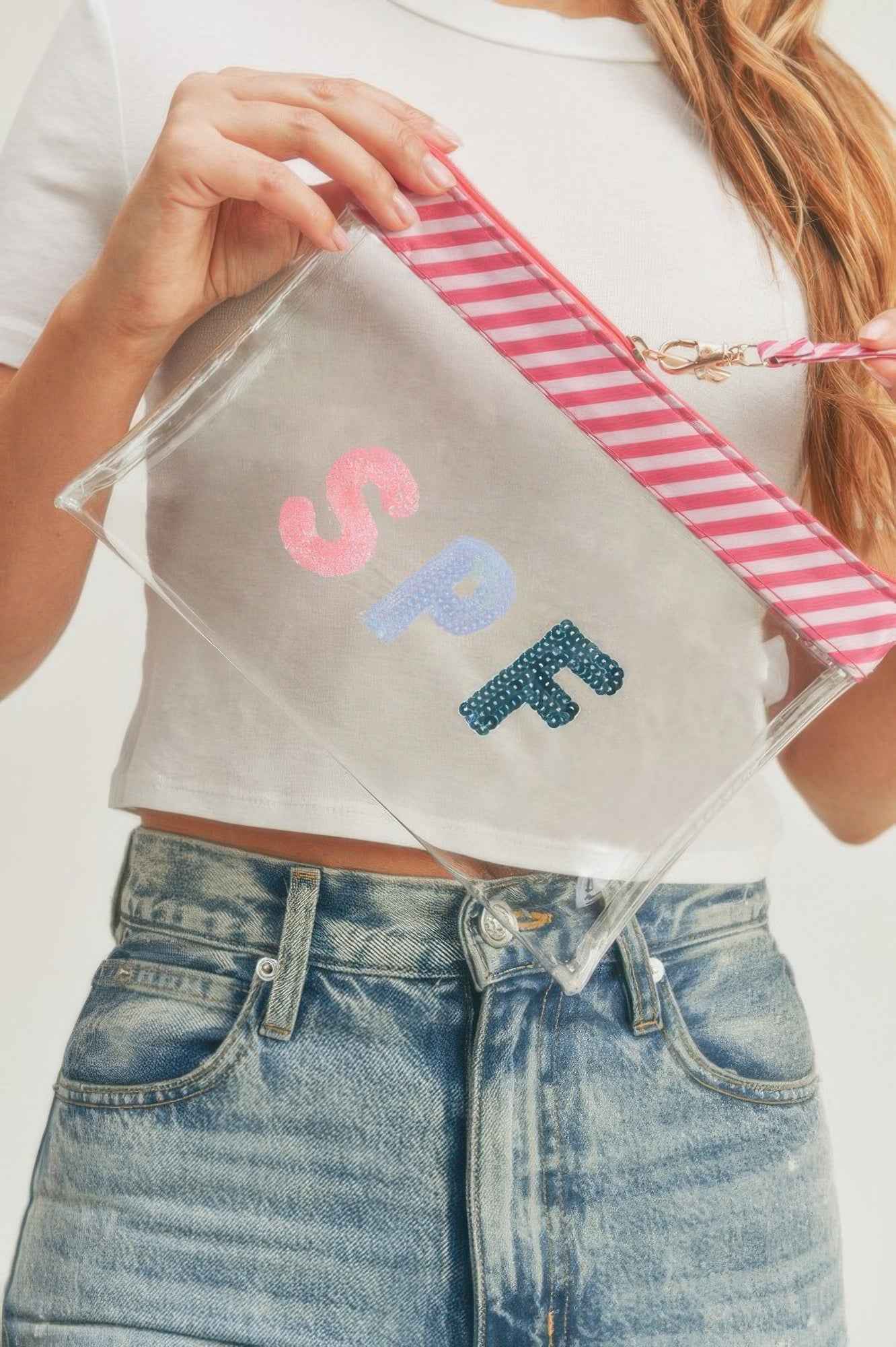 Sequin Letter Spf Clear Pouch With Wrist Strap