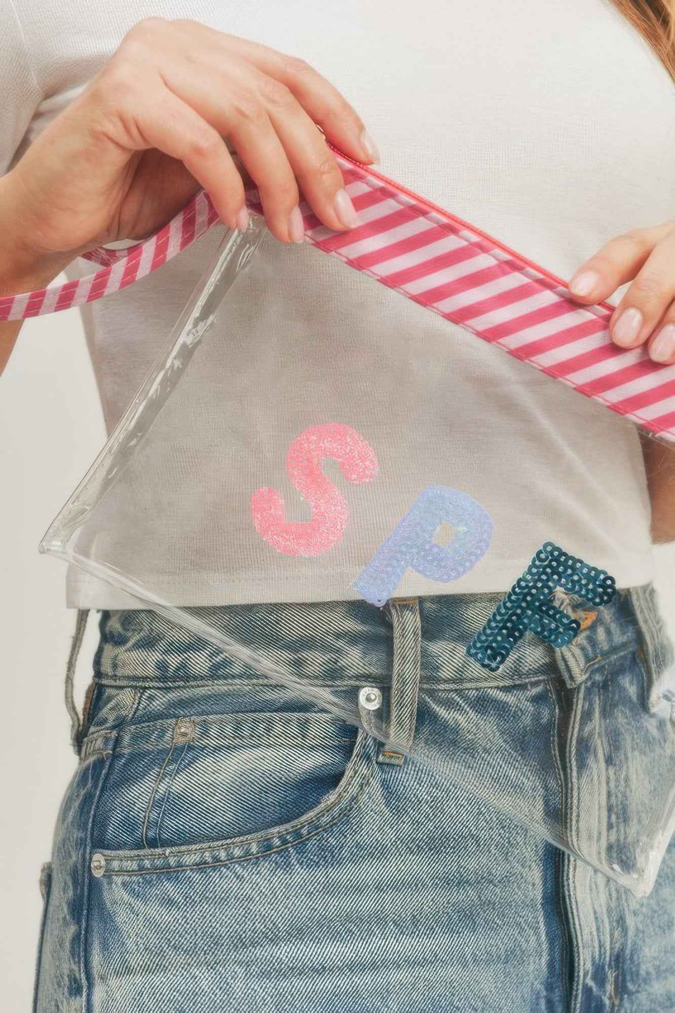 Sequin Letter Spf Clear Pouch With Wrist Strap