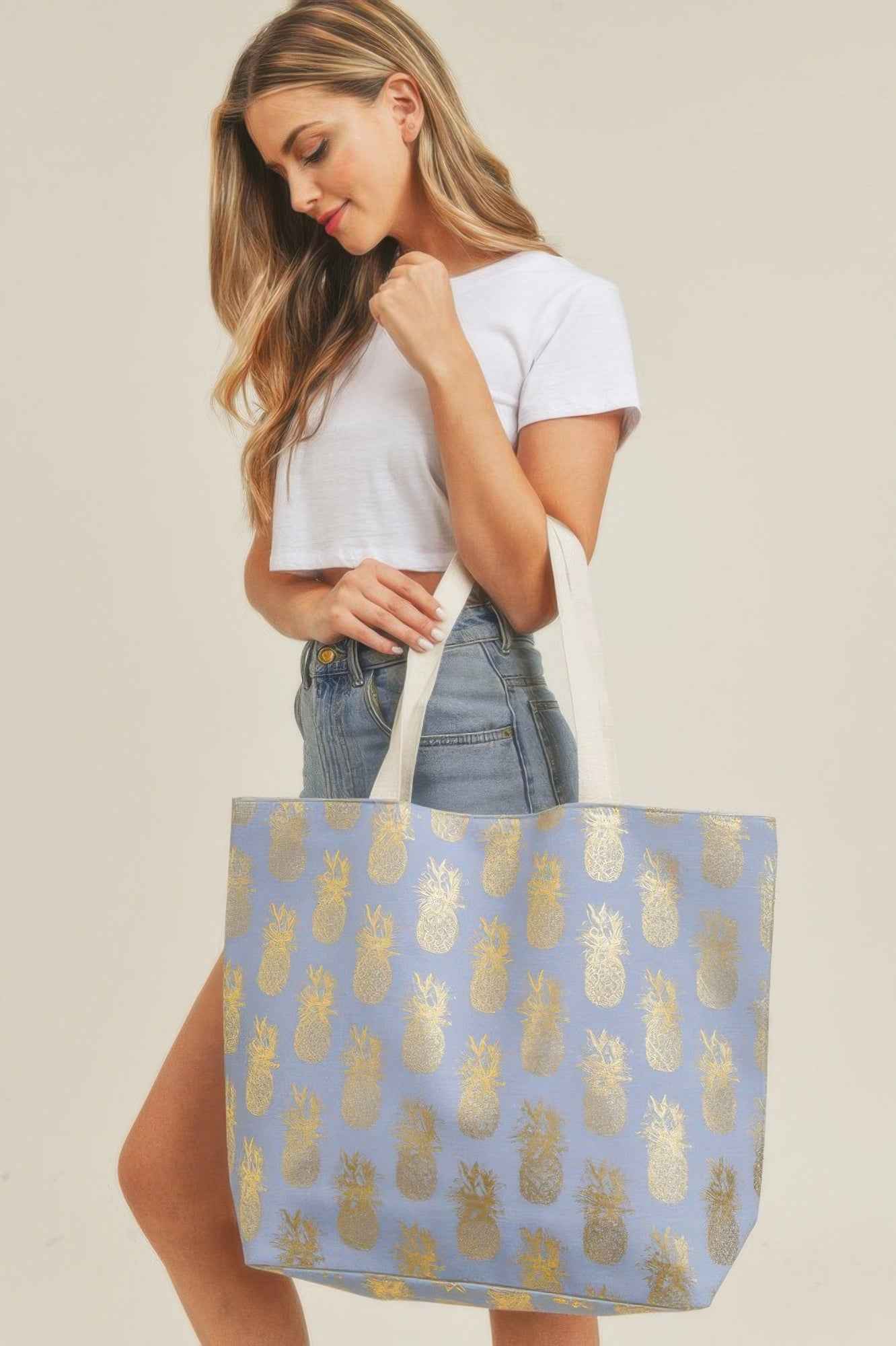 Gold Foil Pineapple Beach Bag