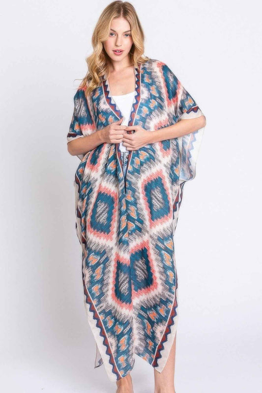 Aztec Print Open Front Long Kimono
