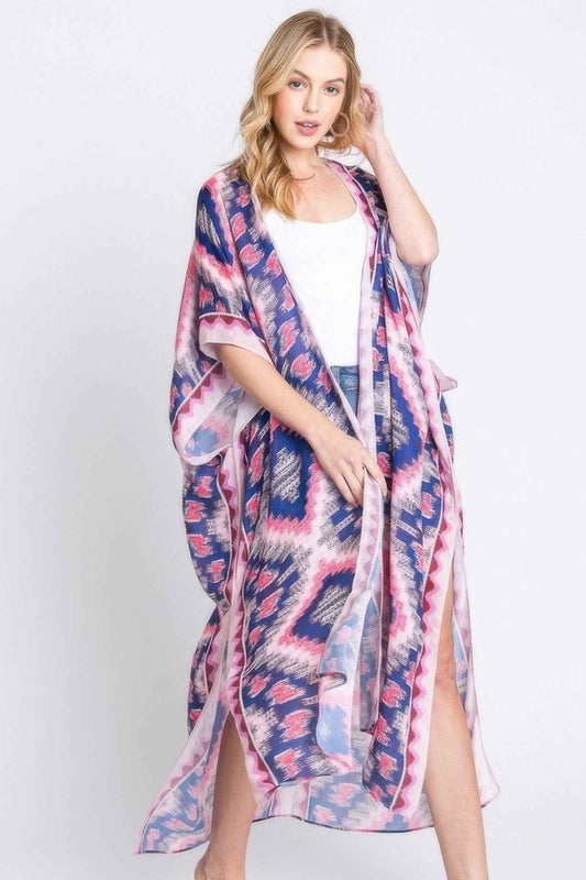 Aztec Print Open Front Long Kimono