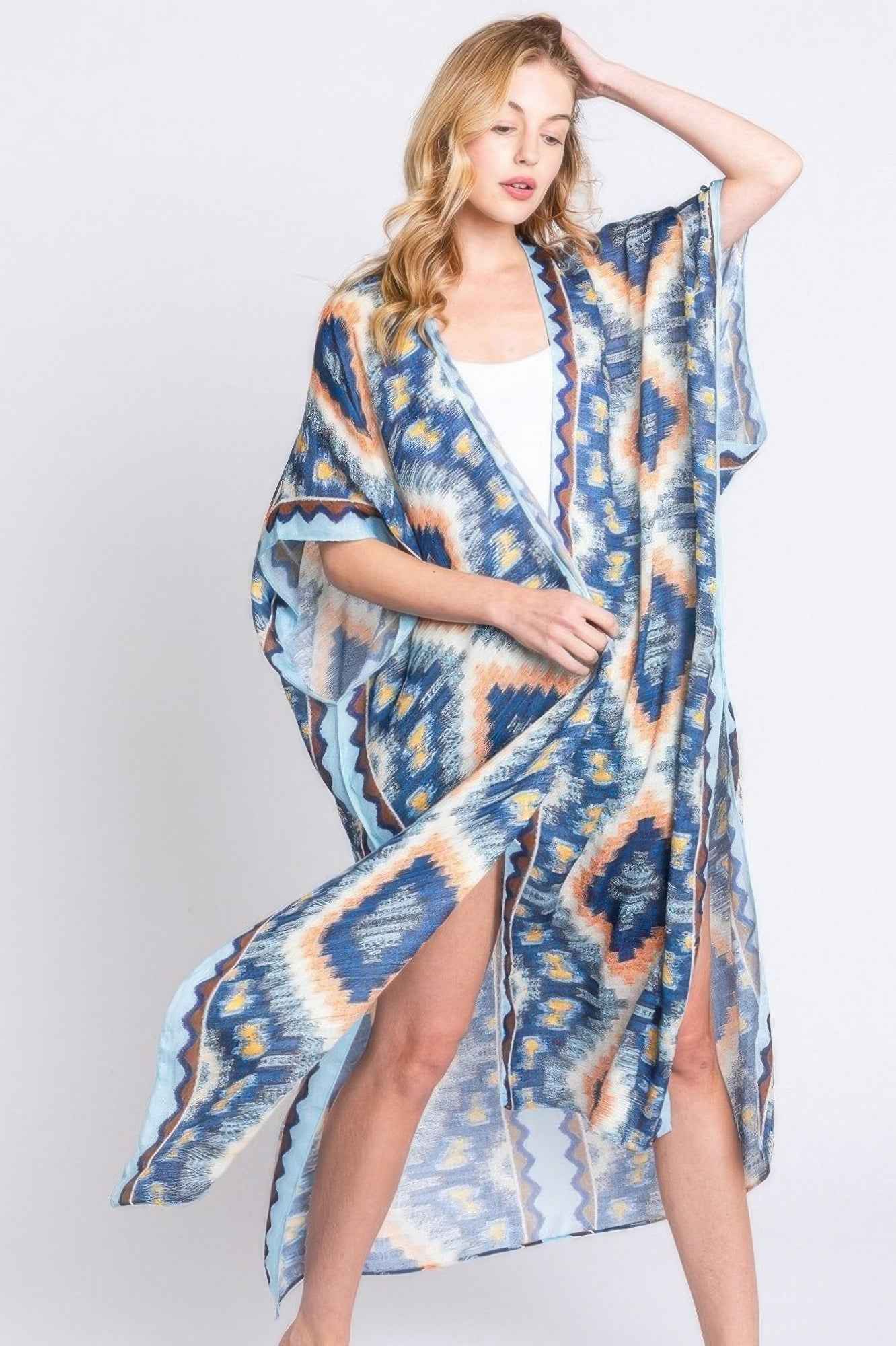 Aztec Print Open Front Long Kimono