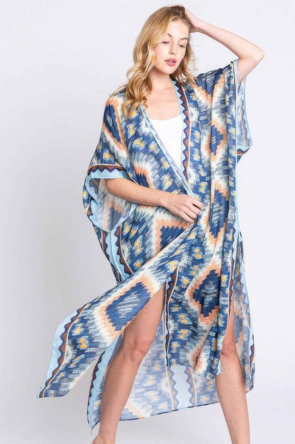 Aztec Print Open Front Long Kimono