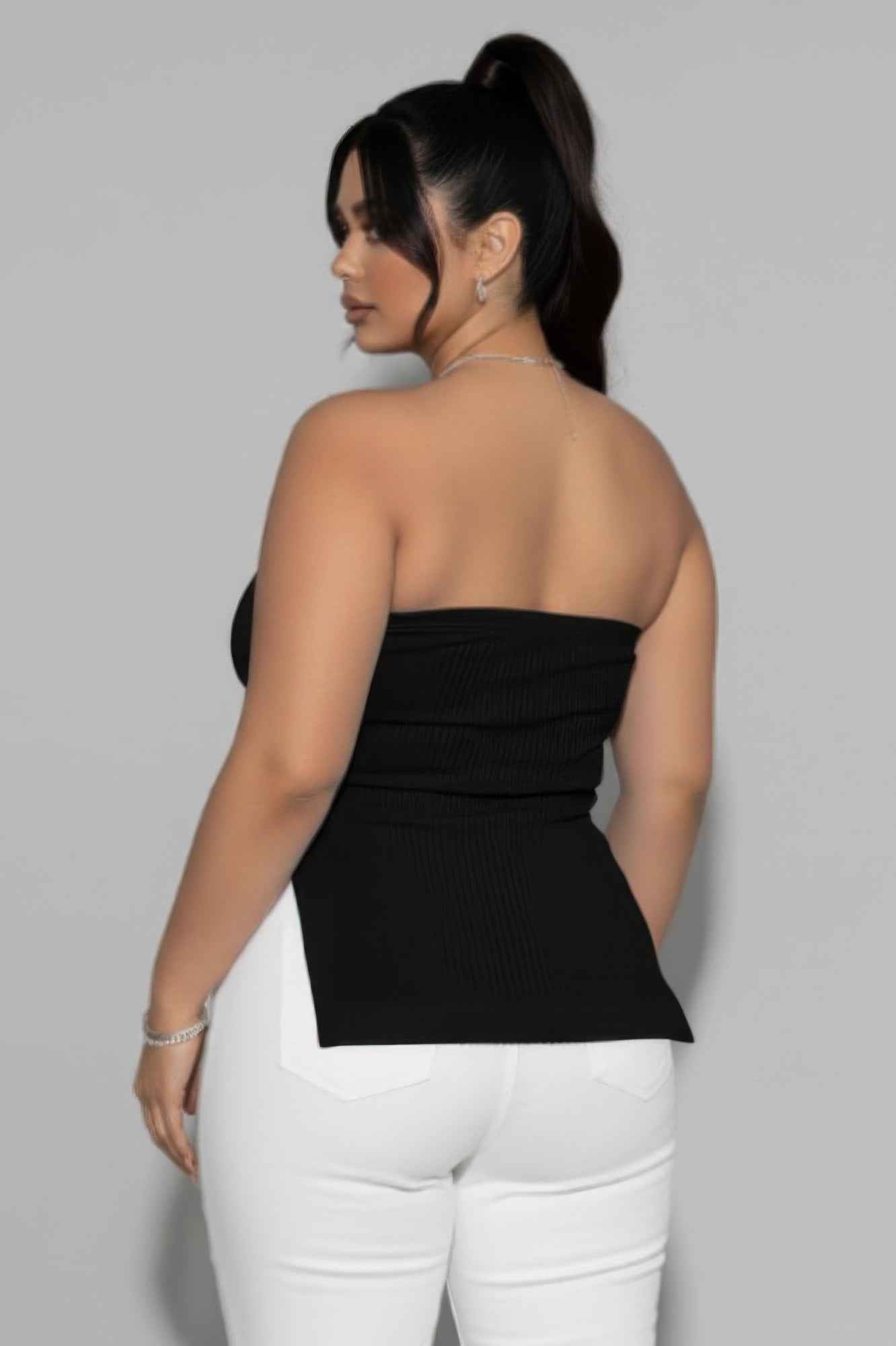 Plus Strapless Ribbed Side-slit Flare Top