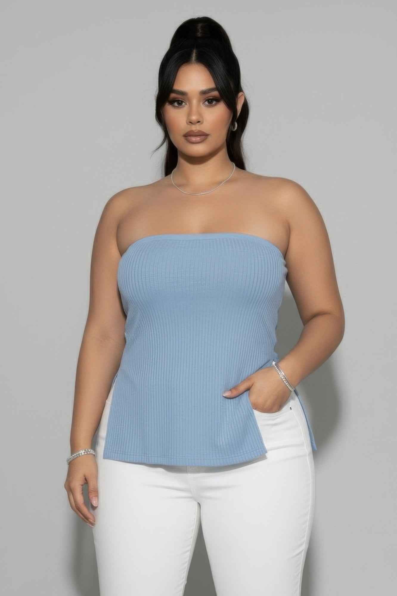 Plus Strapless Ribbed Side-slit Flare Top