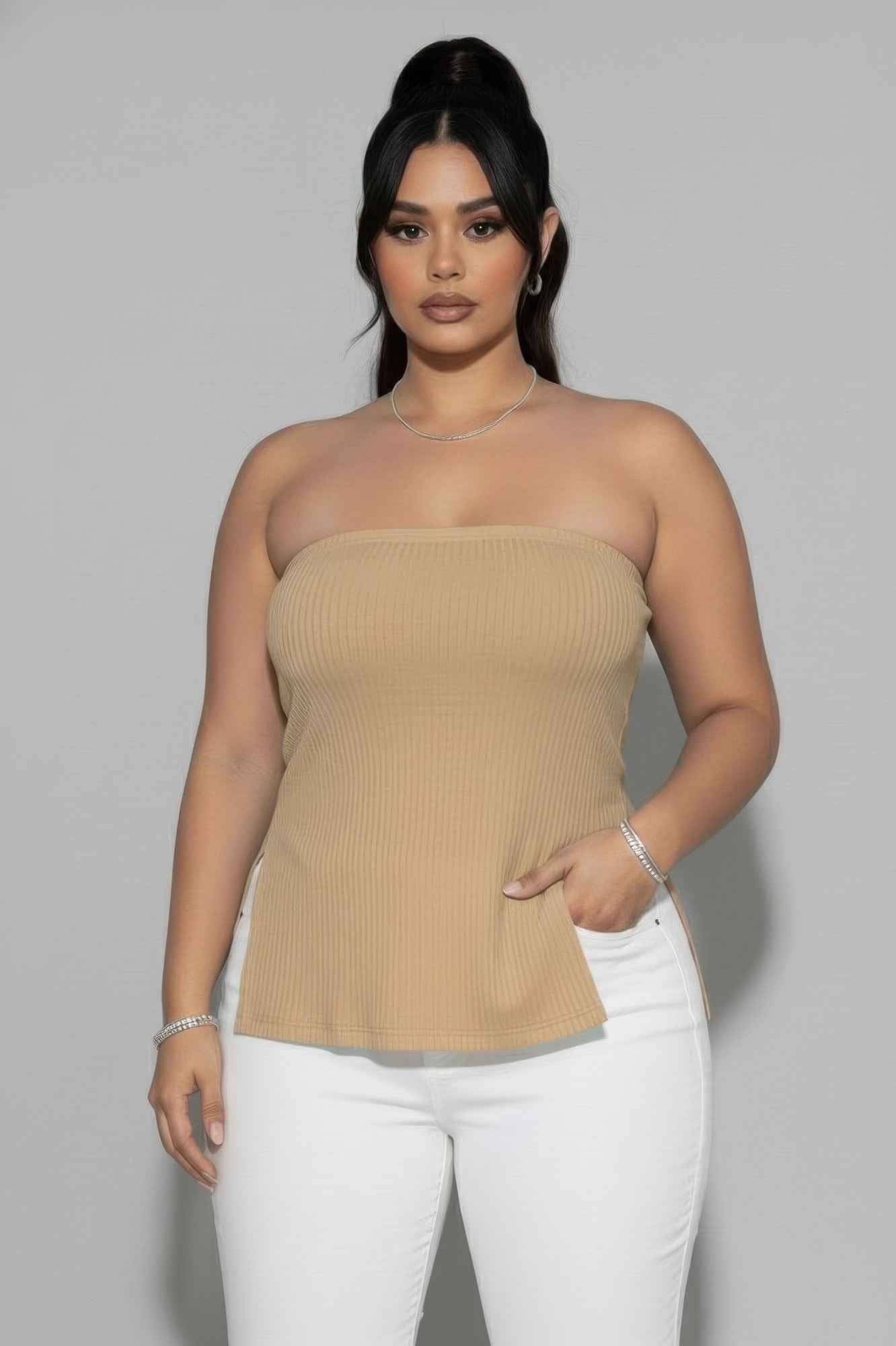 Plus Strapless Ribbed Side-slit Flare Top