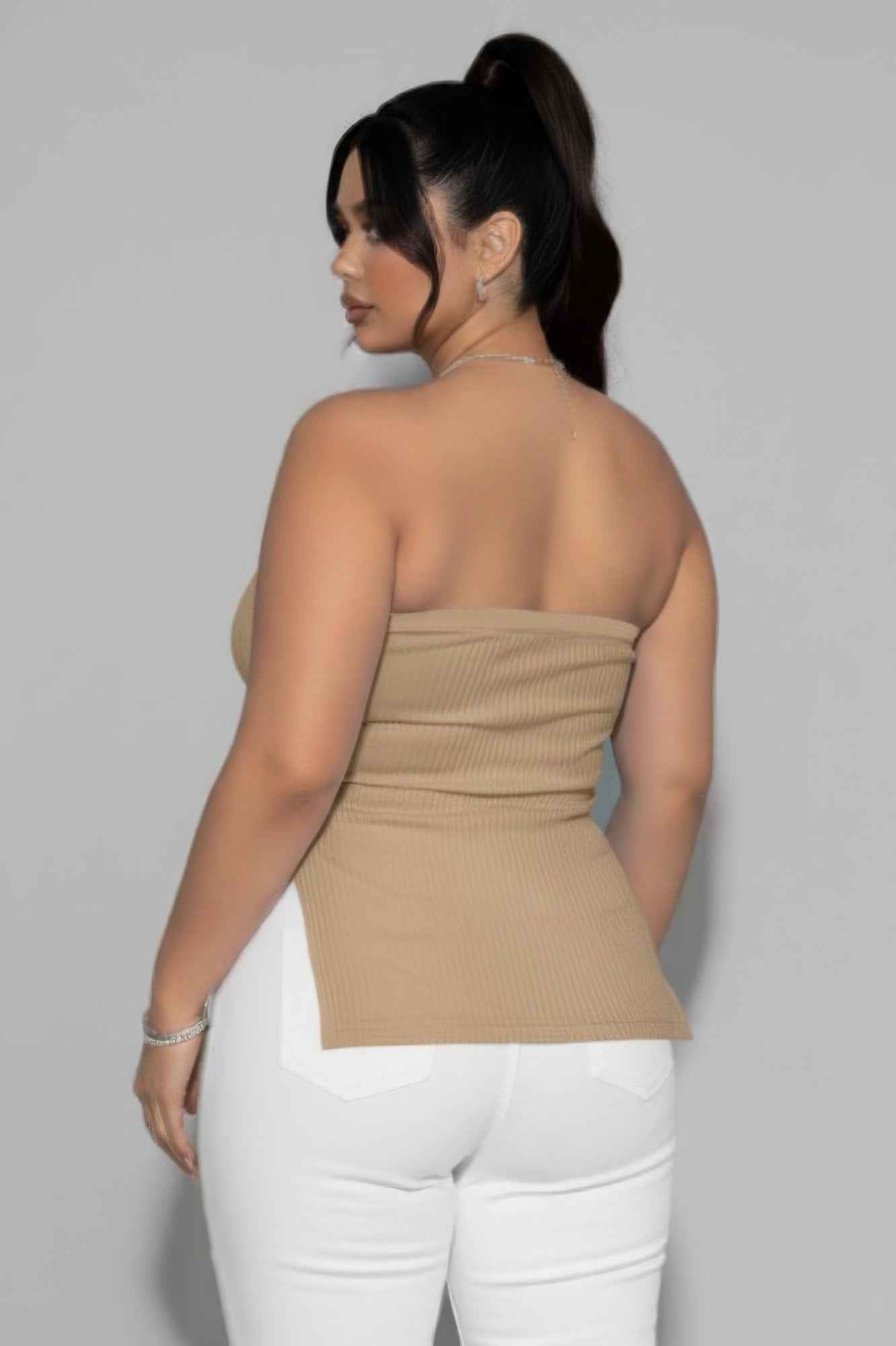 Plus Strapless Ribbed Side-slit Flare Top