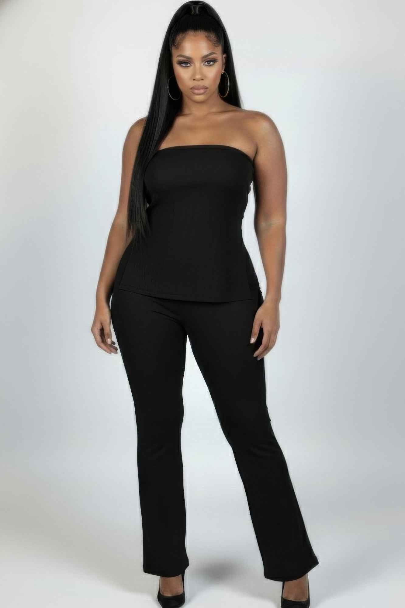 Plus Size Ultra-fine Ribbed Slit Tube Top & High-waist Flare Pants Set