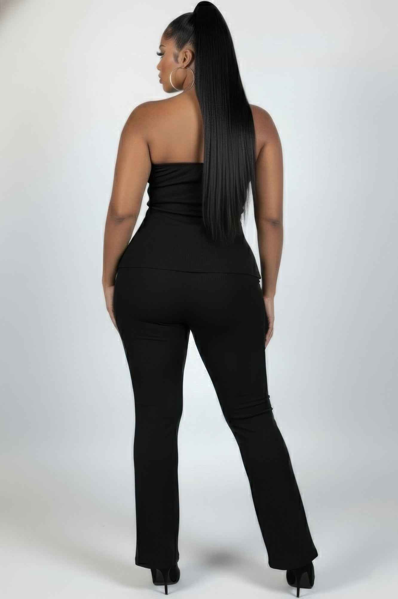 Plus Size Ultra-fine Ribbed Slit Tube Top & High-waist Flare Pants Set