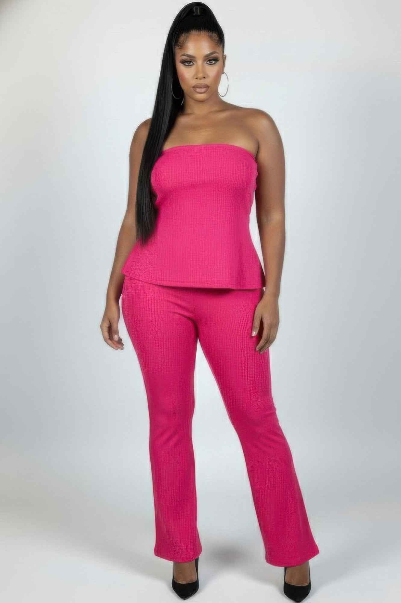 Plus Size Ultra-fine Ribbed Slit Tube Top & High-waist Flare Pants Set