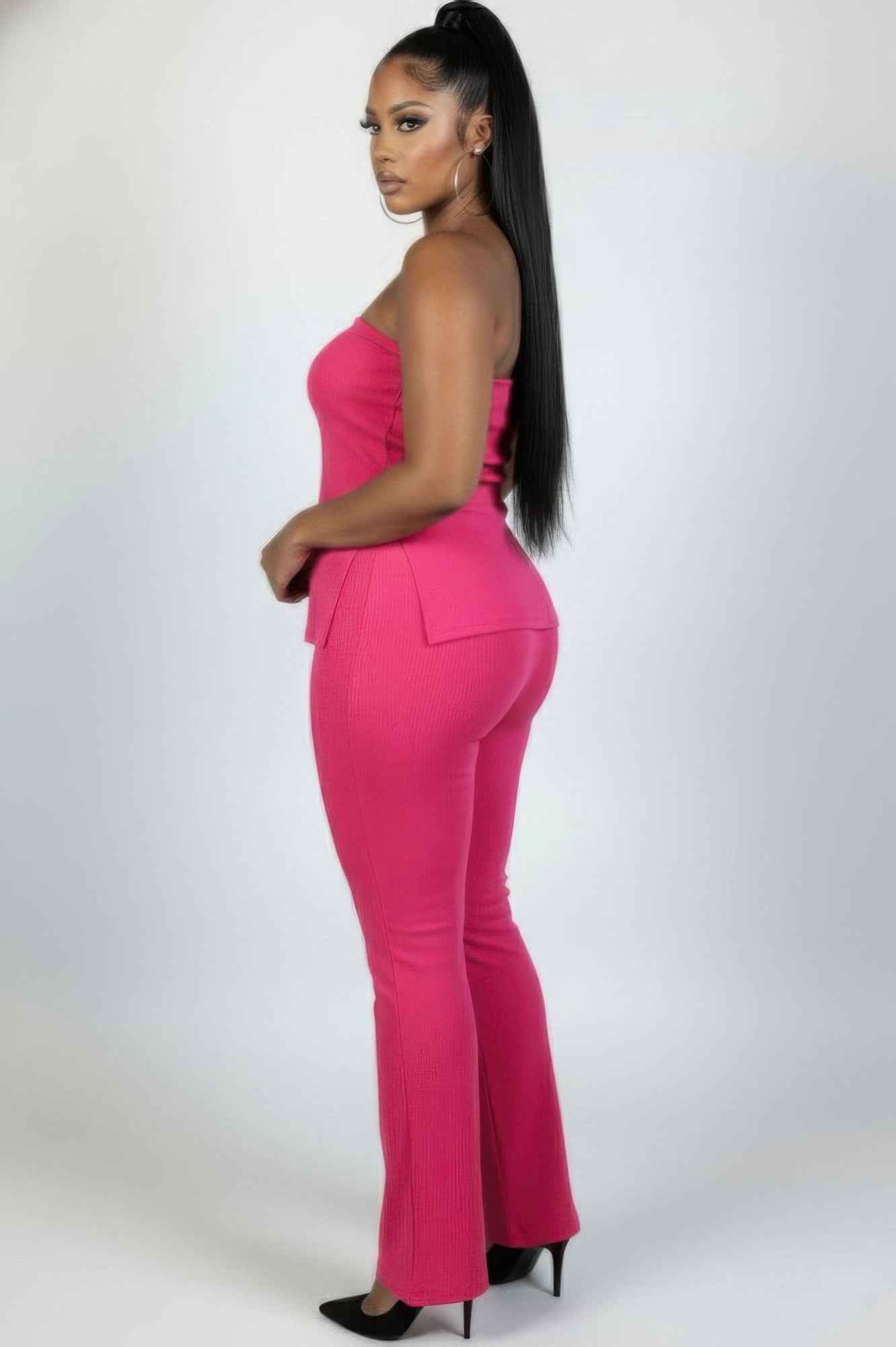 Plus Size Ultra-fine Ribbed Slit Tube Top & High-waist Flare Pants Set