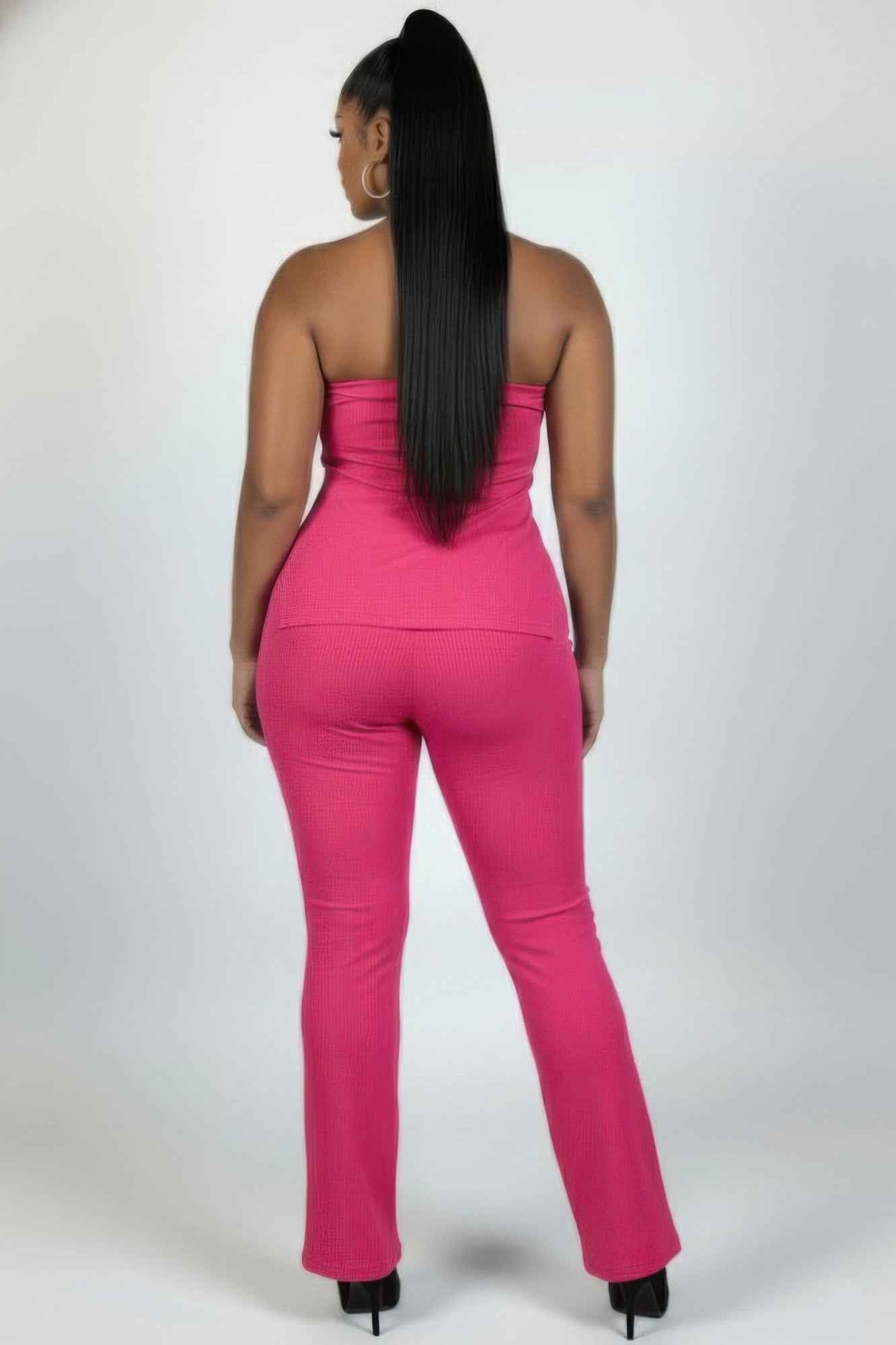 Plus Size Ultra-fine Ribbed Slit Tube Top & High-waist Flare Pants Set