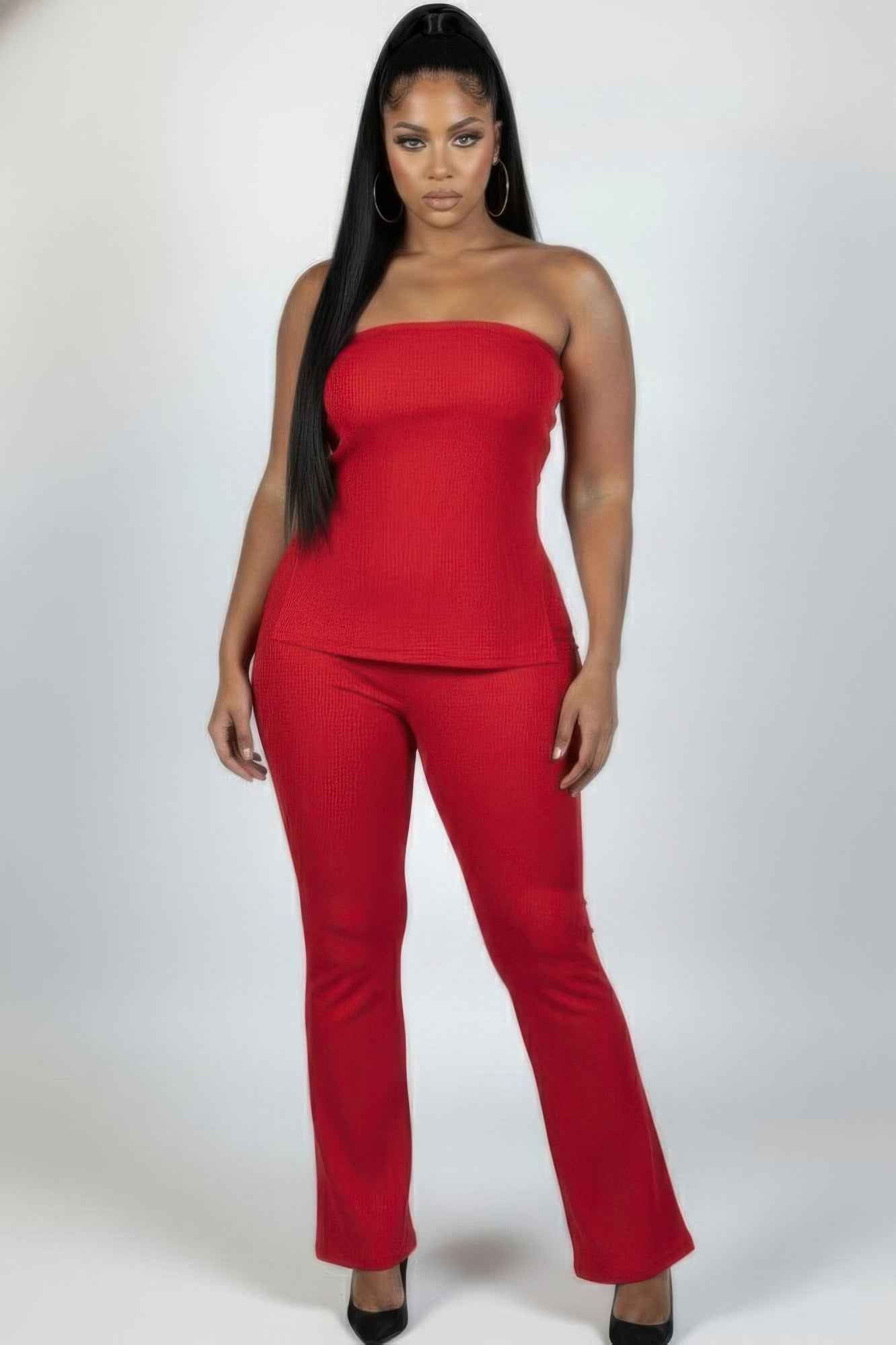 Plus Size Ultra-fine Ribbed Slit Tube Top & High-waist Flare Pants Set