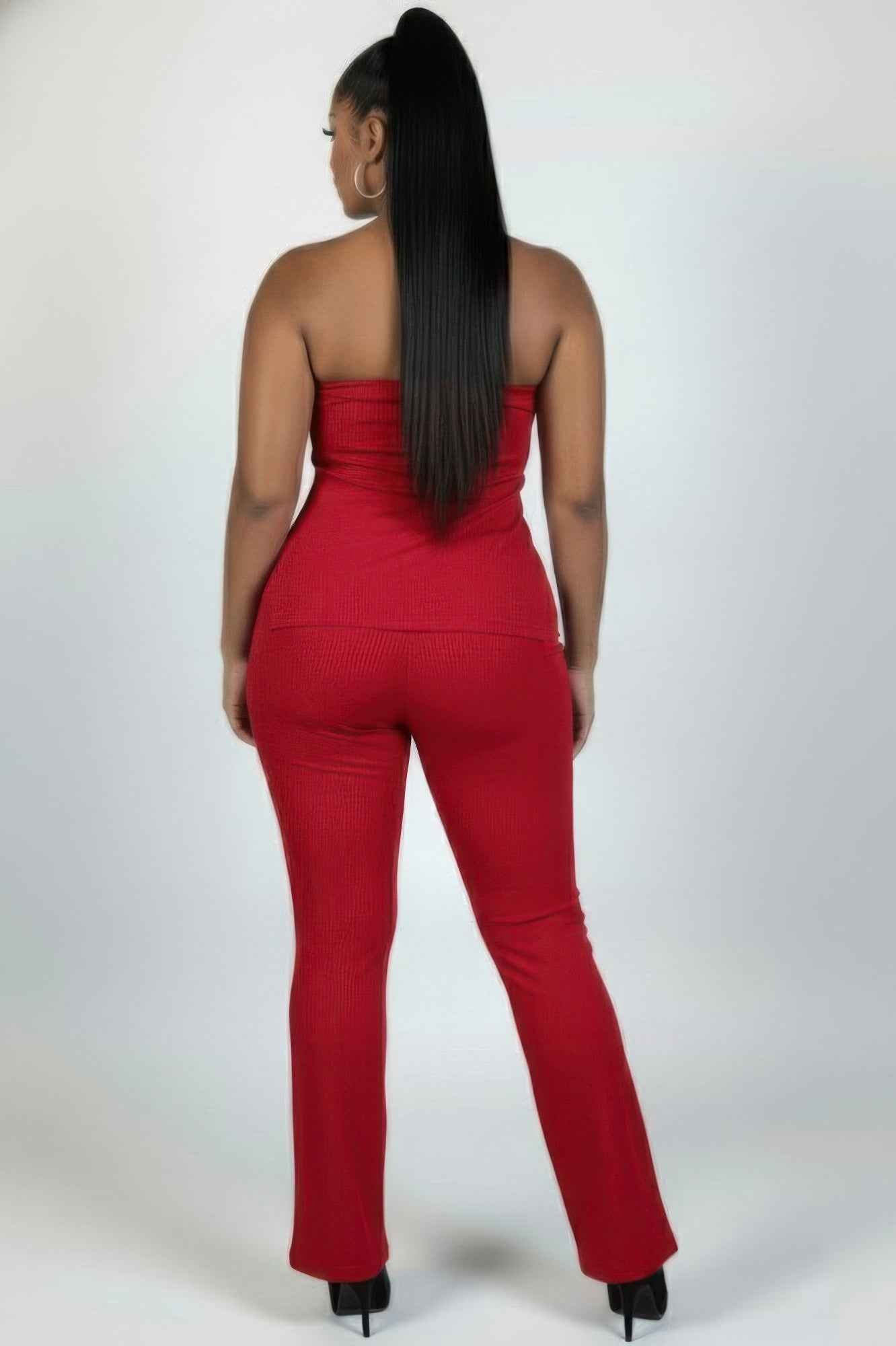 Plus Size Ultra-fine Ribbed Slit Tube Top & High-waist Flare Pants Set