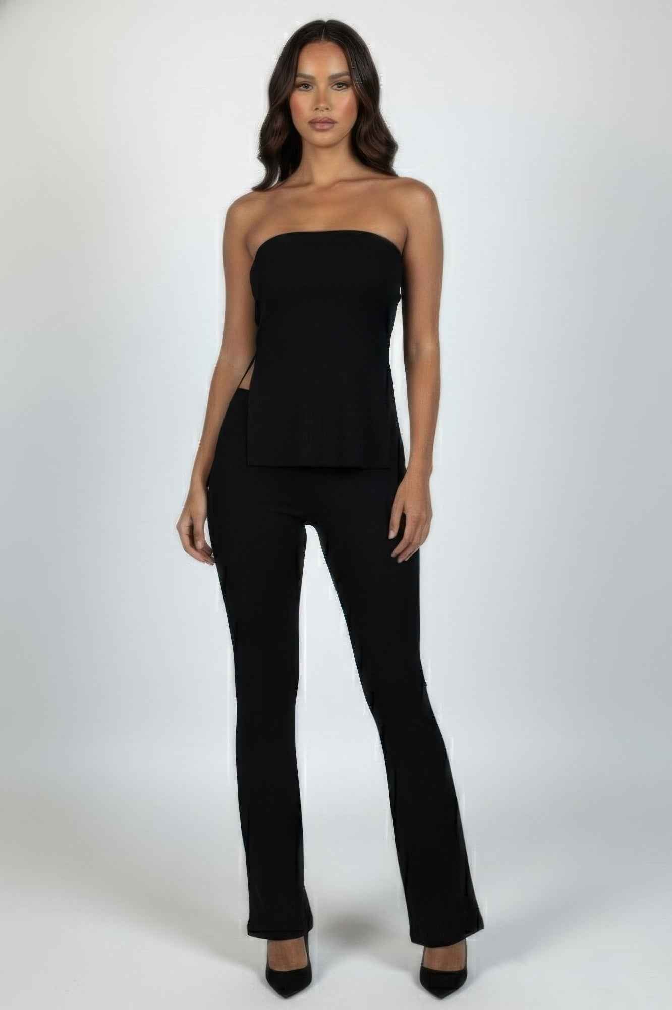 Ribbed Slit Tube Top & High-waist Flare Pants Set