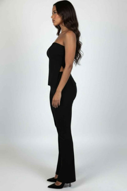 Ribbed Slit Tube Top & High-waist Flare Pants Set