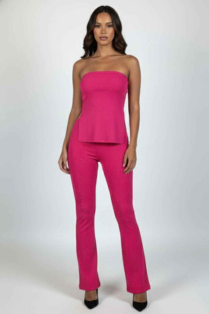 Ribbed Slit Tube Top & High-waist Flare Pants Set