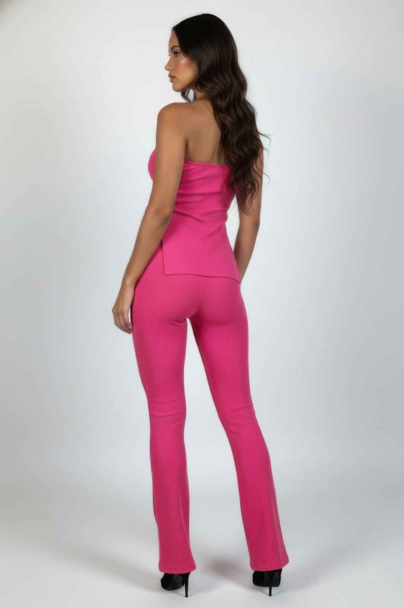 Ribbed Slit Tube Top & High-waist Flare Pants Set