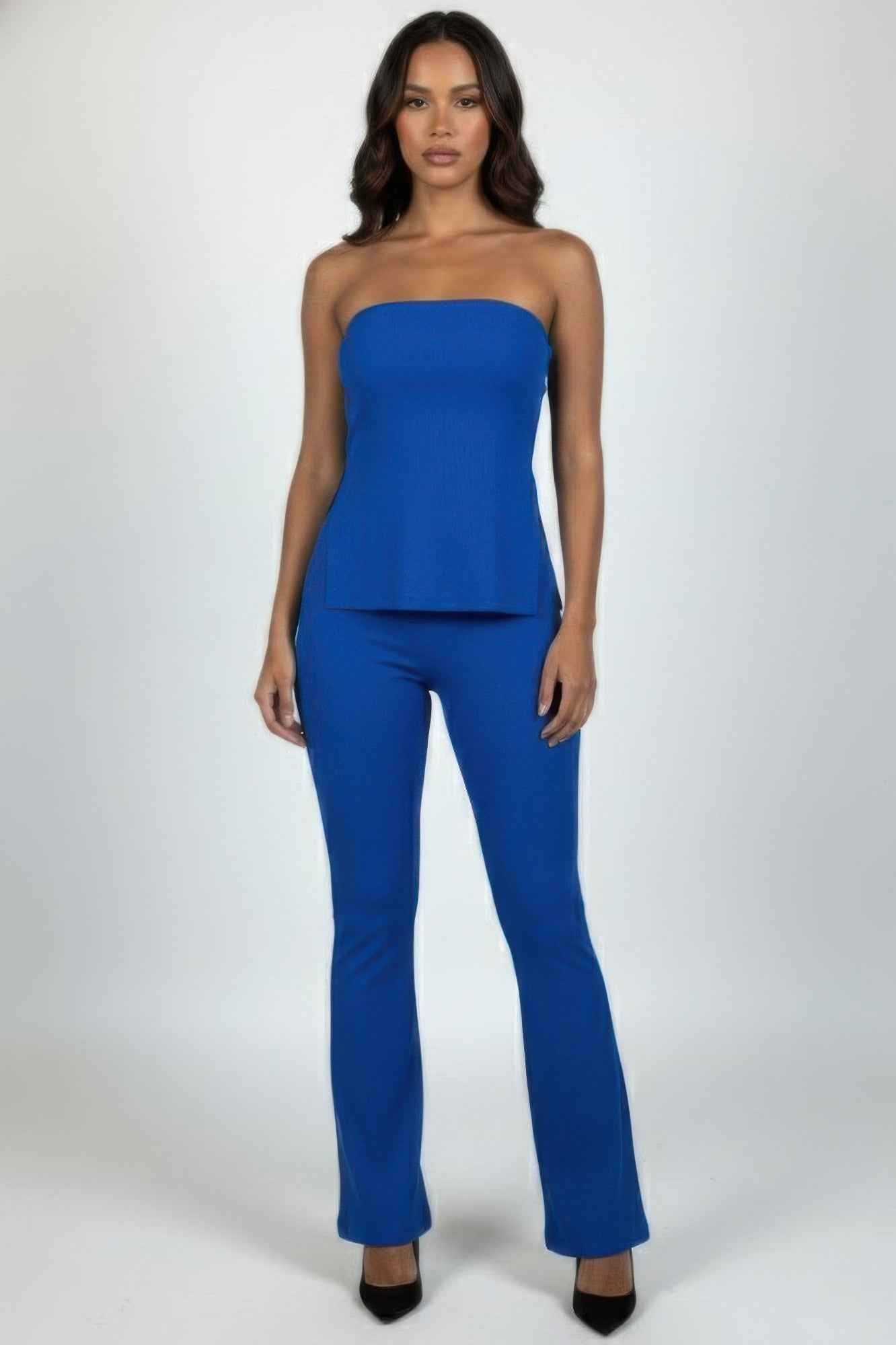 Ribbed Slit Tube Top & High-waist Flare Pants Set
