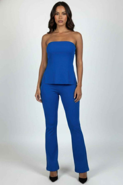 Ribbed Slit Tube Top & High-waist Flare Pants Set