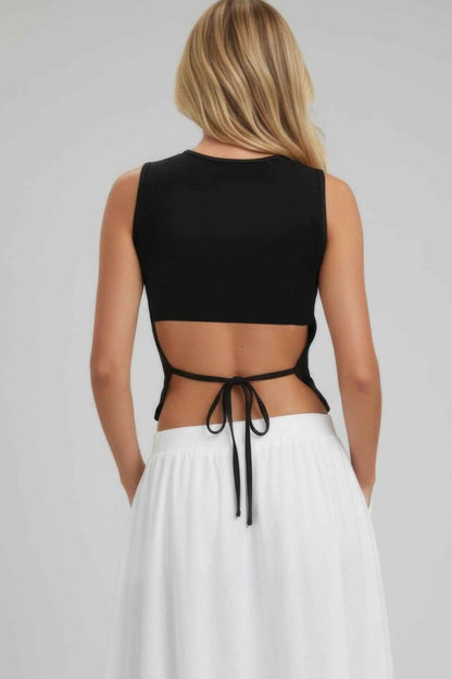 Sleeveless Mock Neck Top With Adjustable Side Slit Tie