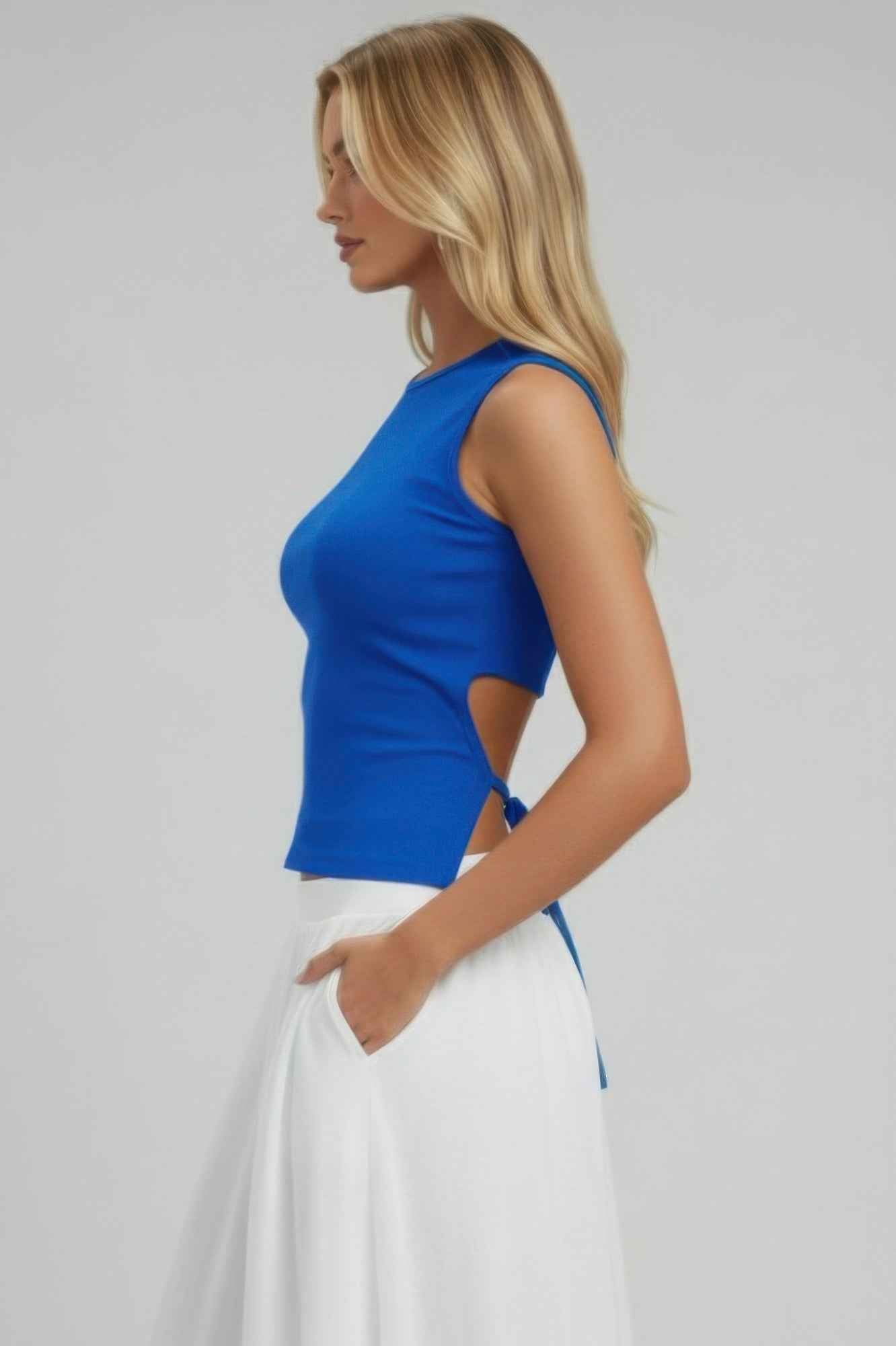 Sleeveless Mock Neck Top With Adjustable Side Slit Tie