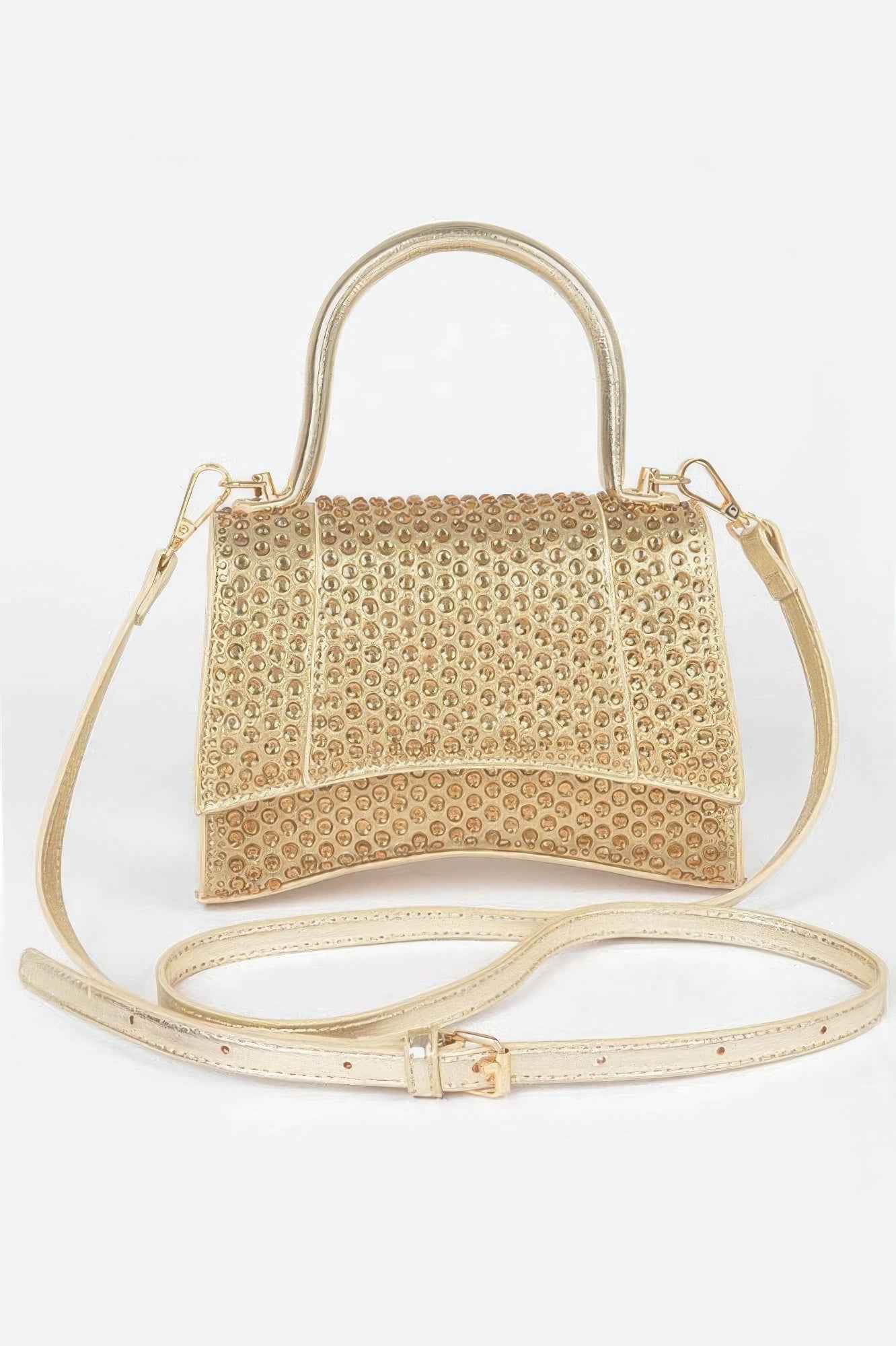 Metallic Rhinestone Hotfix Top Handle Flap Bag
