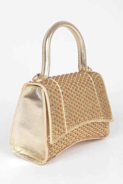 Metallic Rhinestone Hotfix Top Handle Flap Bag