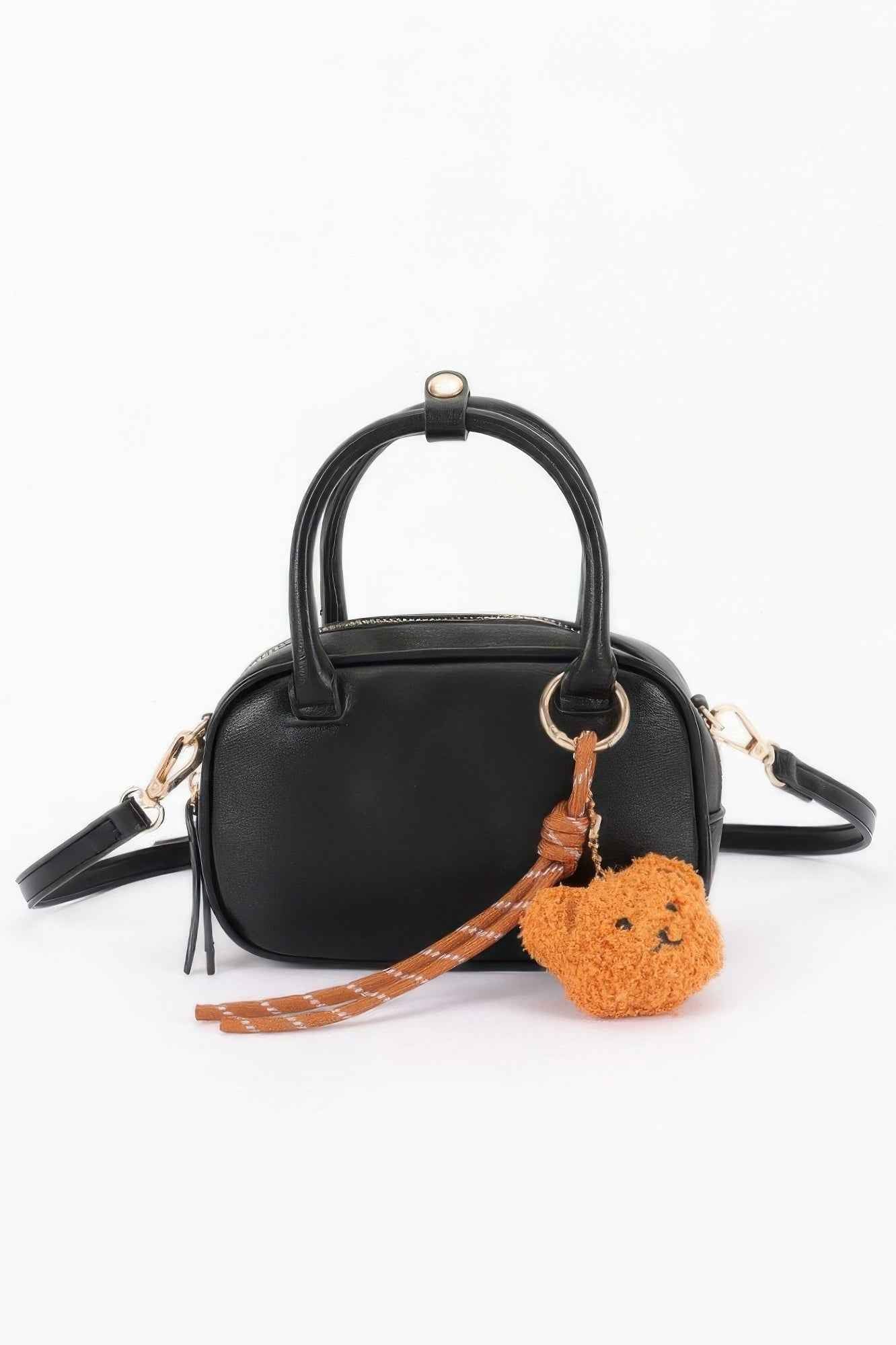 Vegan Leather Mini Bowling Bag With Bear Charm