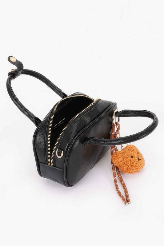 Vegan Leather Mini Bowling Bag With Bear Charm