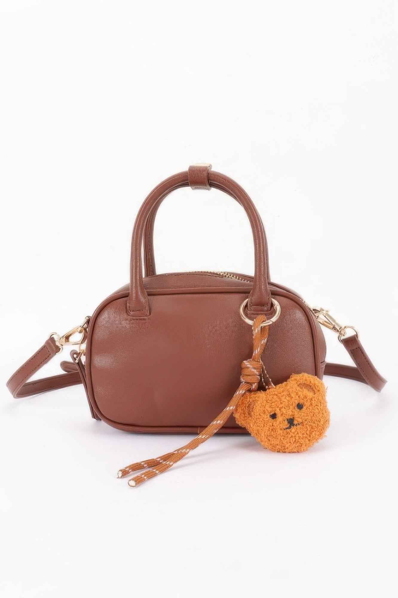 Vegan Leather Mini Bowling Bag With Bear Charm