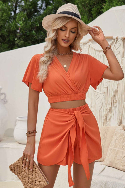 Two Pieces V Neck Ruffle Crop Shirt And Wrap Sets