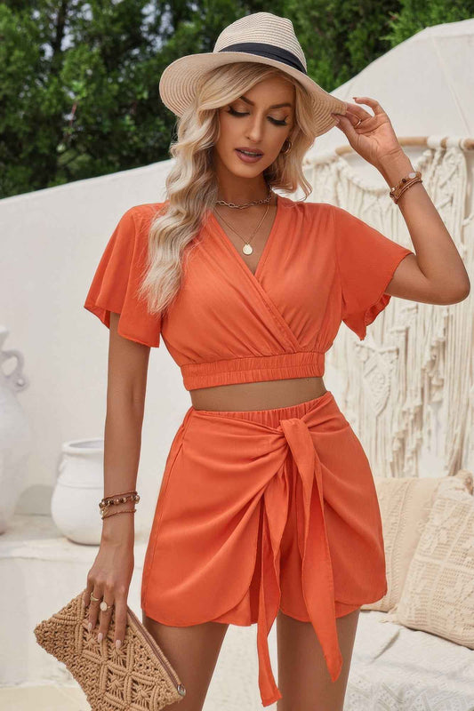 Two Pieces V Neck Ruffle Crop Shirt And Wrap Sets
