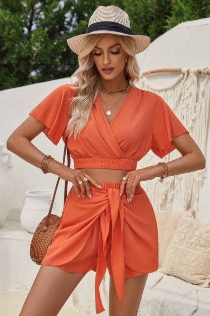 Two Pieces V Neck Ruffle Crop Shirt And Wrap Sets