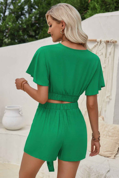 Two Pieces V Neck Ruffle Crop Shirt And Wrap Sets