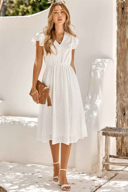 V Neck Short Sleeve Solid Ruffle A Line Midi Dress