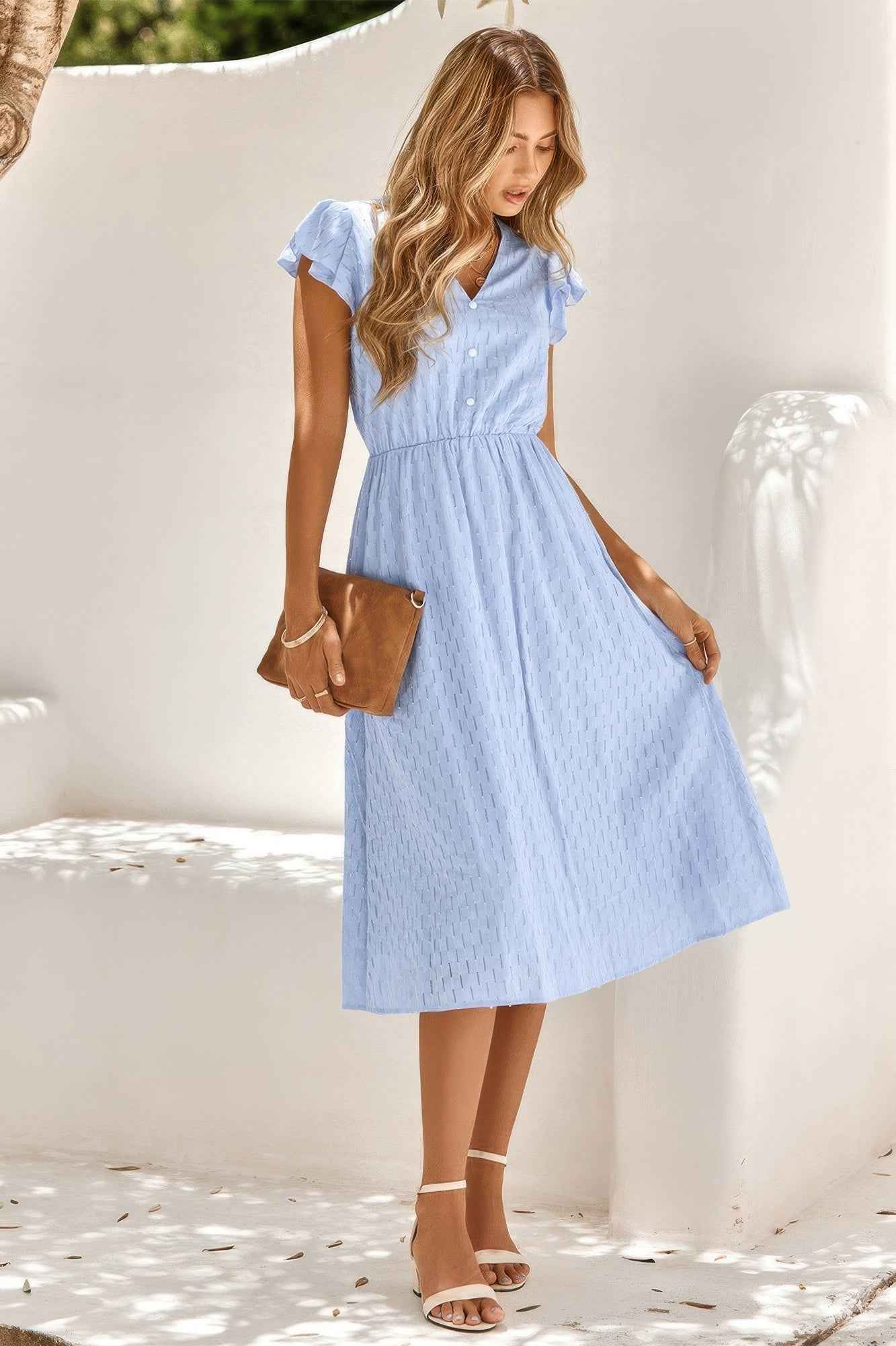 V Neck Short Sleeve Solid Ruffle A Line Midi Dress