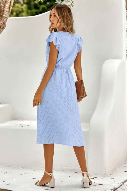 V Neck Short Sleeve Solid Ruffle A Line Midi Dress