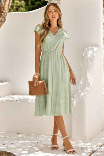 V Neck Short Sleeve Solid Ruffle A Line Midi Dress