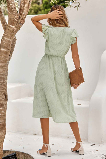 V Neck Short Sleeve Solid Ruffle A Line Midi Dress